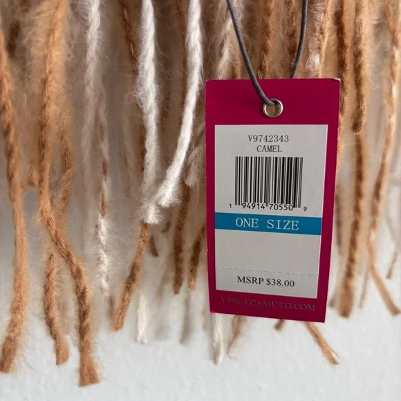 NWT Vince Camuto Camel Cream Beige Tan Neutral Tones Fringe Warm Knit Scarf OS - Picture 4 of 5